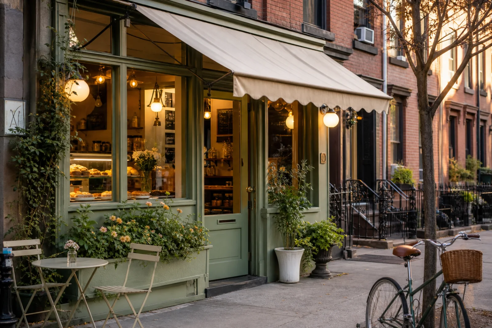Sage green neighborhood cafe exterior at golden hour