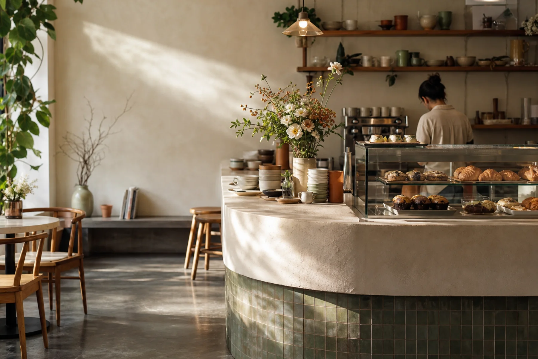 Warm boutique cafe interior with flowers and pastry counter