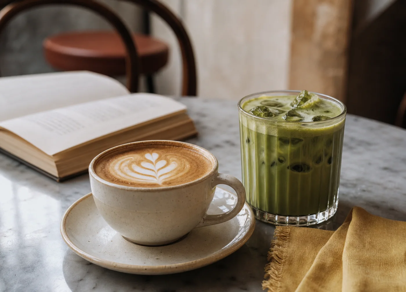 Cappuccino and iced matcha on a marble cafe table