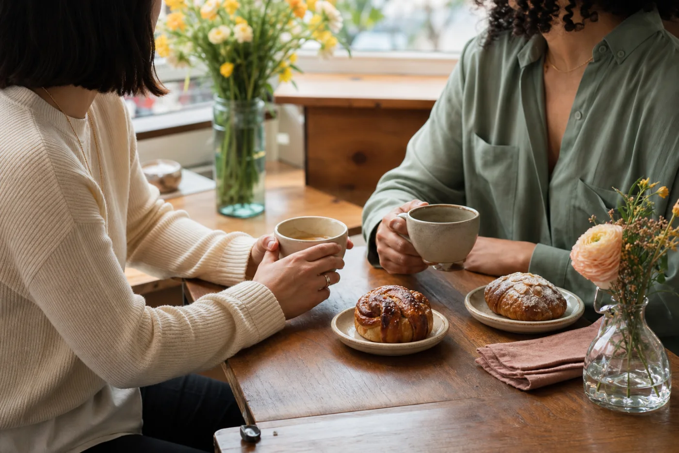 Friends sharing coffee and pastries at a neighborhood cafe
