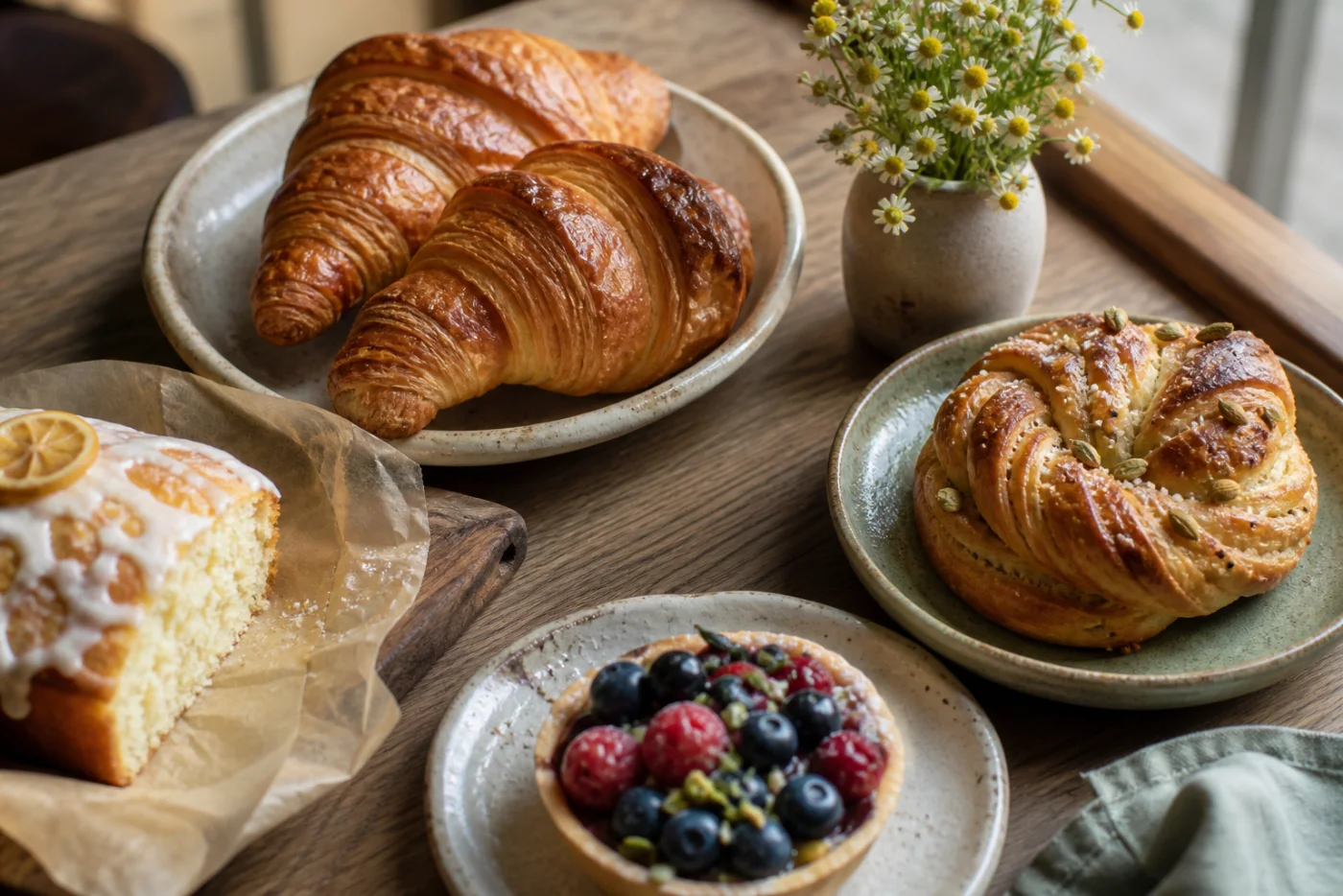 Croissants, cardamom bun, lemon loaf, and berry tart on a cafe table
